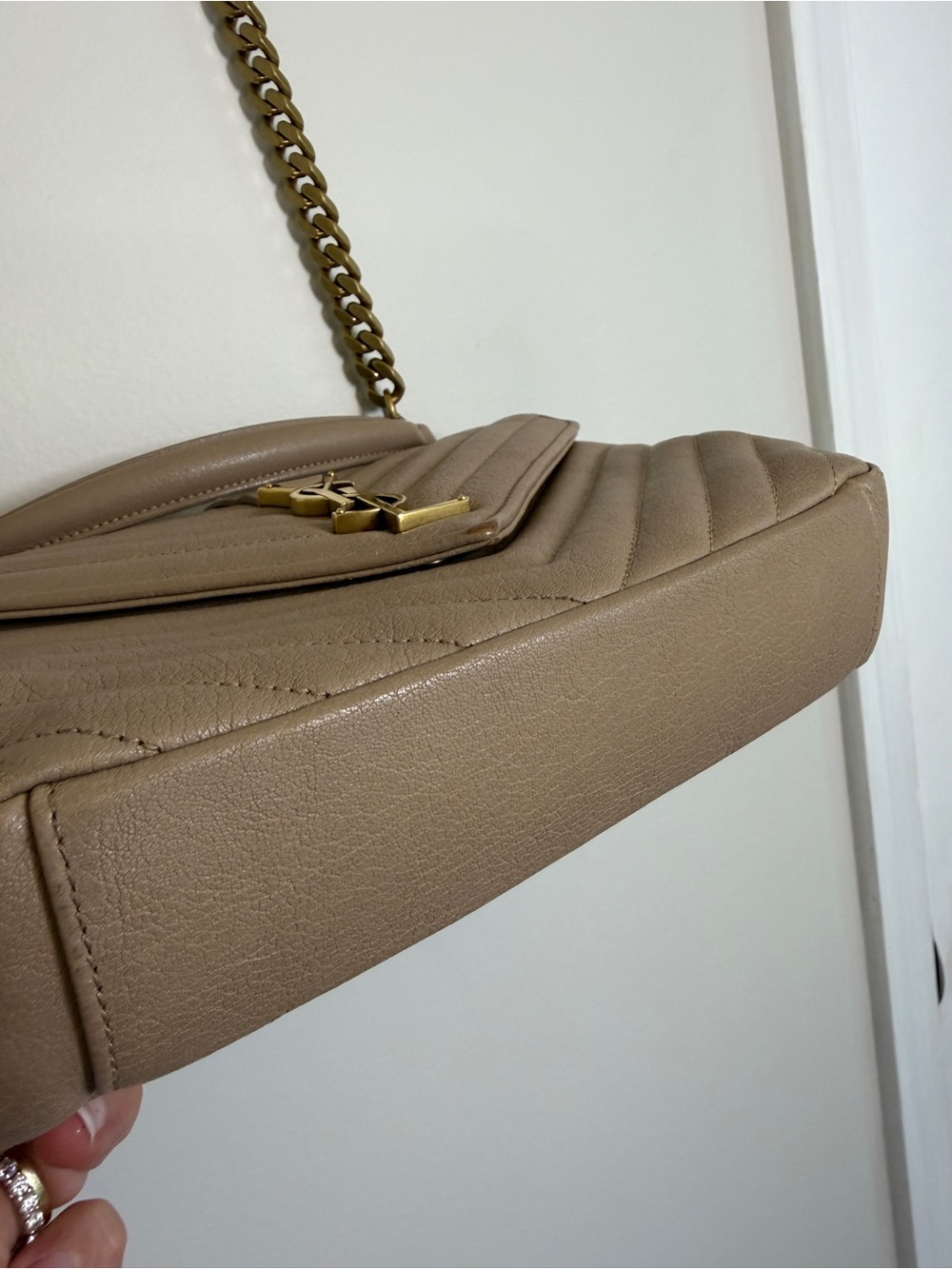 100% AUTH YSL Saint Laurent Dark Beige Sheepskin Matelassé Chevron College Bag - Picture 7 of 14